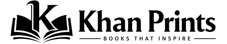Black logo for Khan Prints featuring an open book with a stylized letter K, alongside the text 'Khan Prints' and 'BOOKS THAT INSPIRE' on a white background.