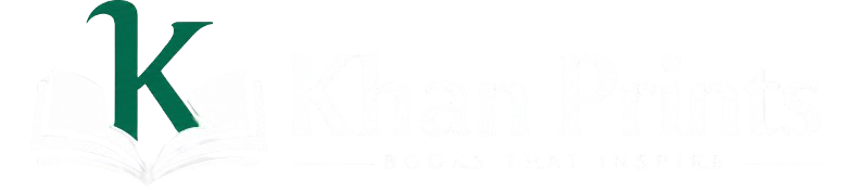 A dark green stylized letter 'K' resembling an open book, positioned on the left side of a solid white background with a faint, out-of-focus white logo or text on the right.